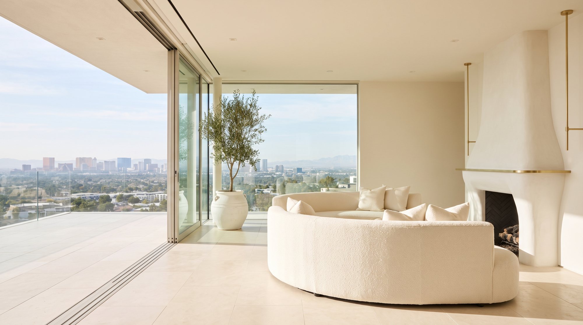 Sunlit Las Vegas living room with panoramic city views