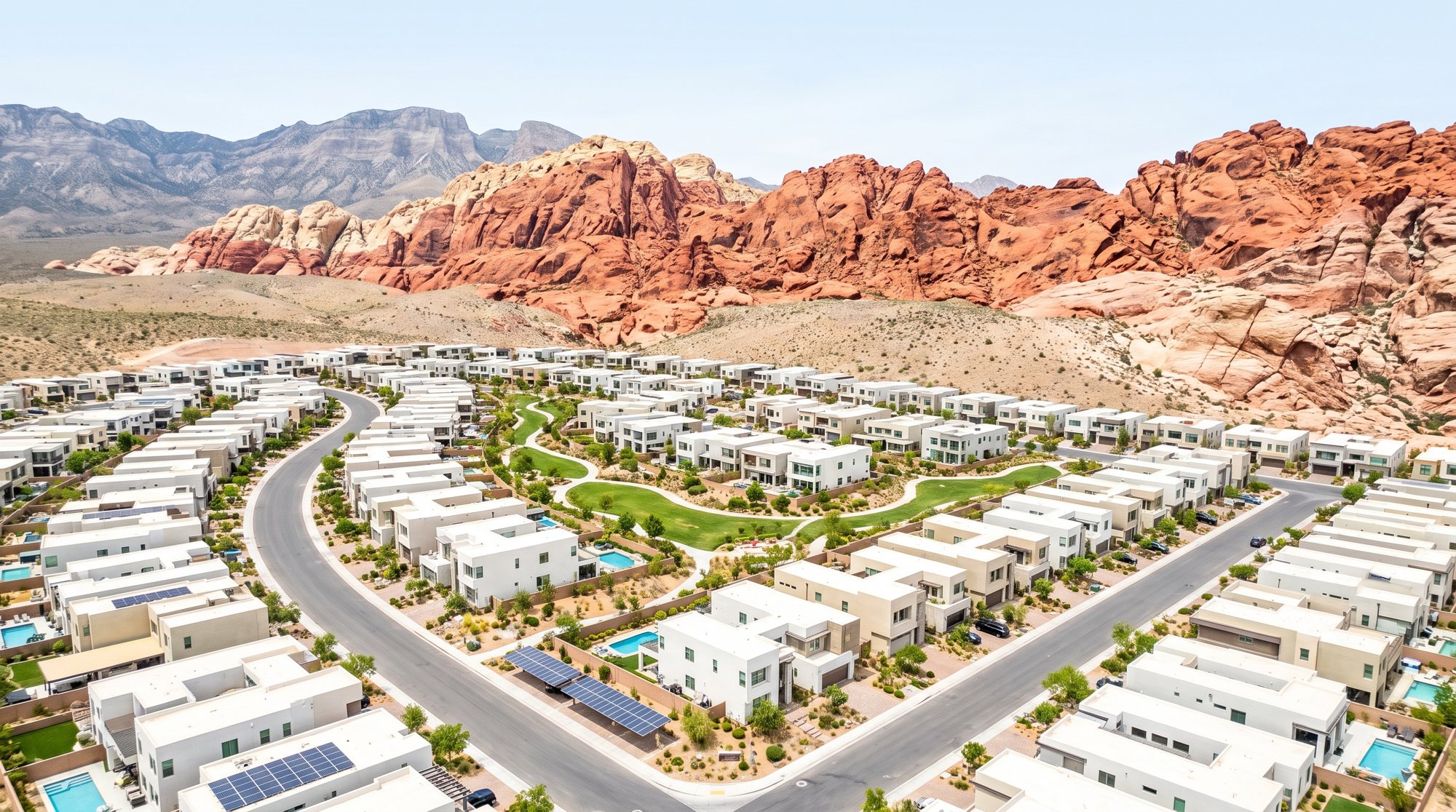 Red Rock community framed by sandstone mountains