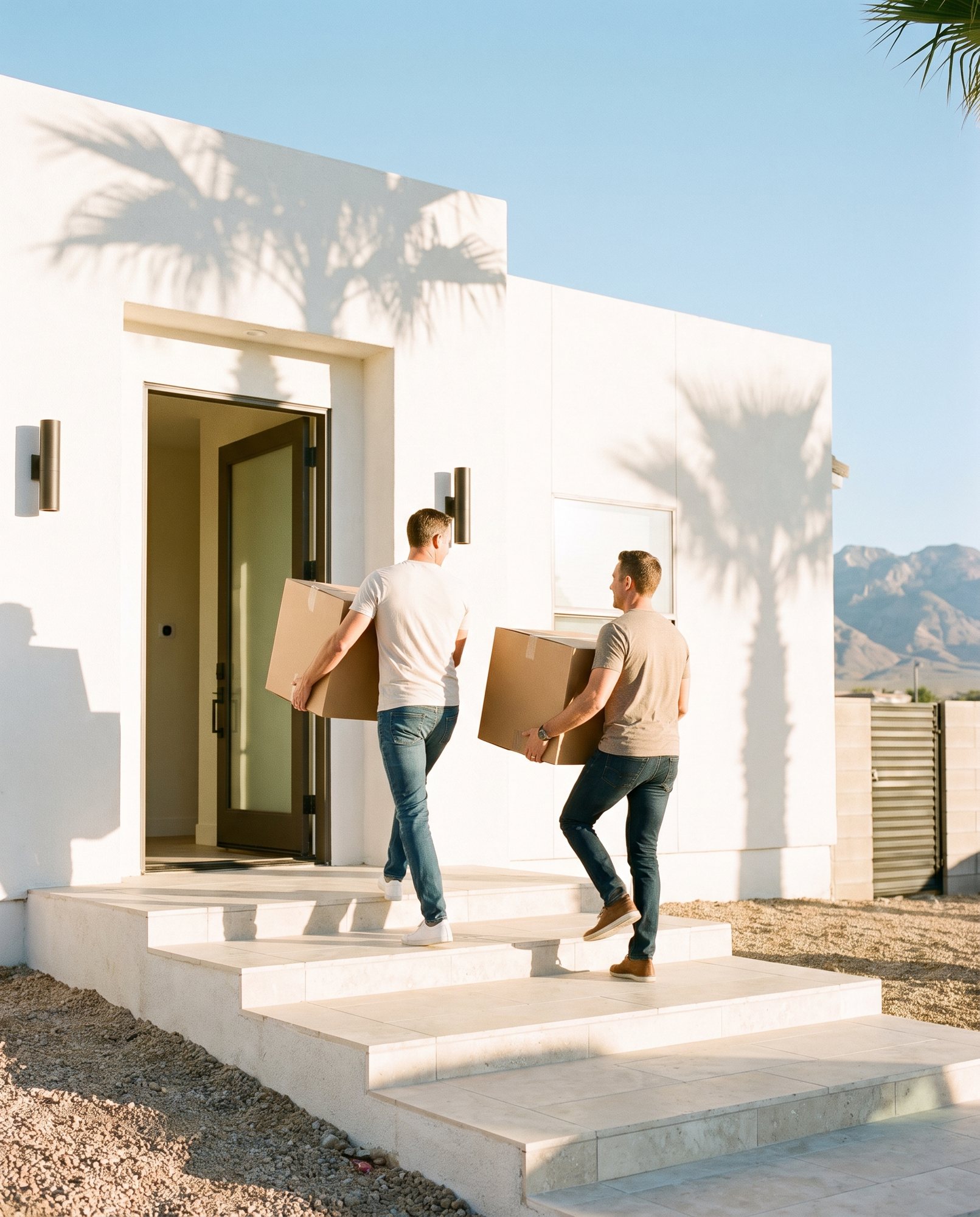 Couple carrying moving boxes into their Las Vegas home